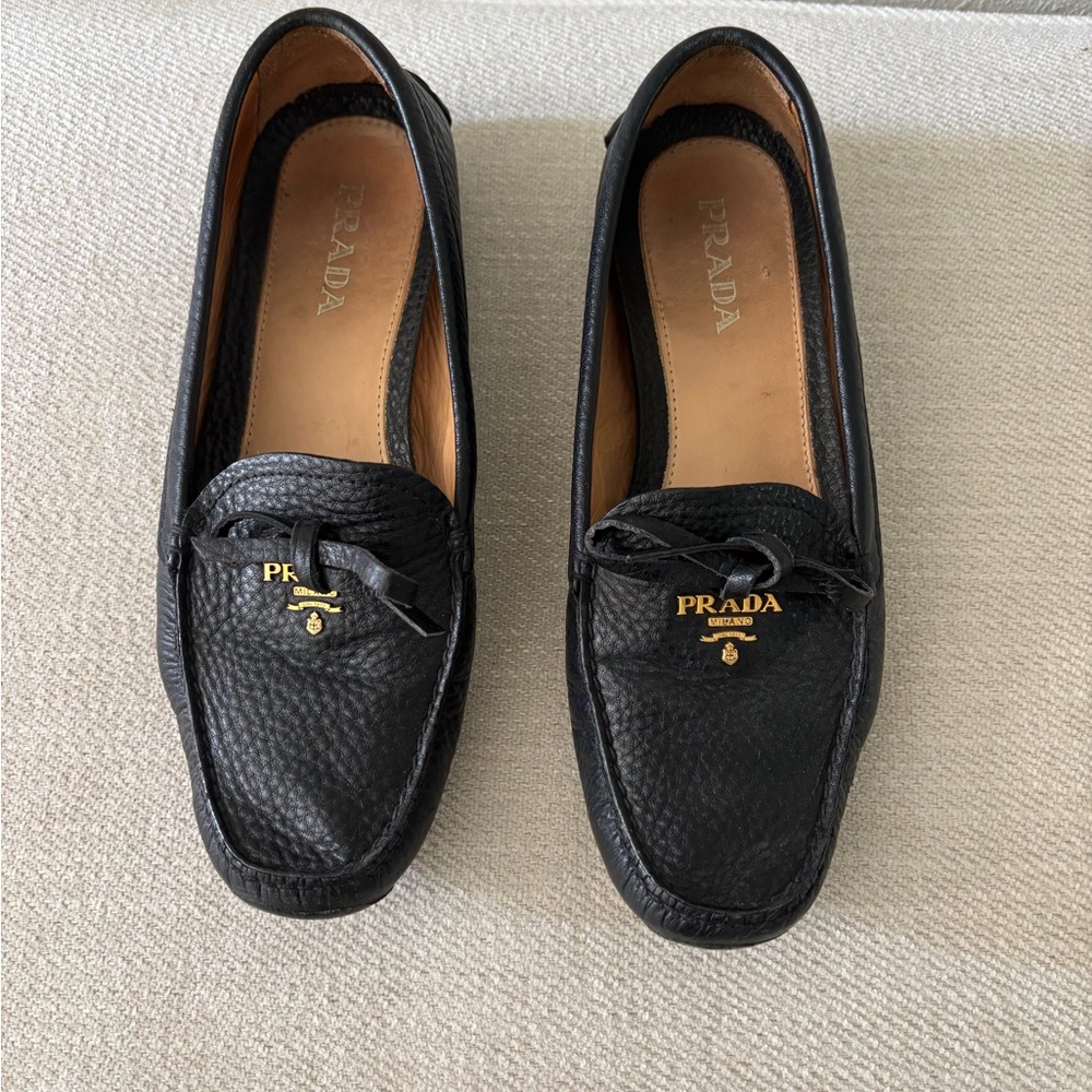Prada Black Driving Loafers  Textured Leather Loafers